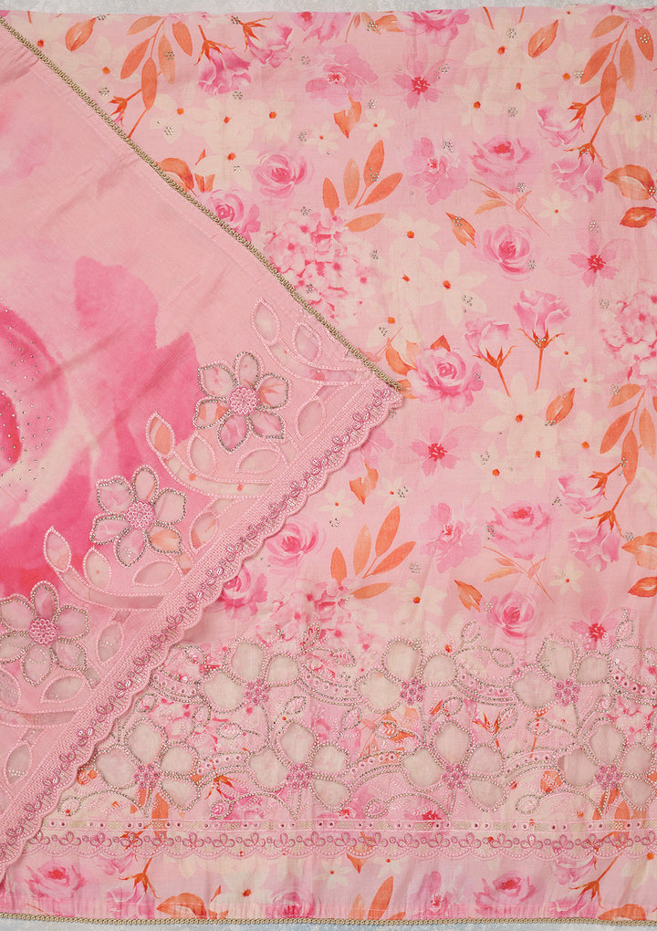 Pink Stonework (Gold) Crepe Unstitched Salwar Suit