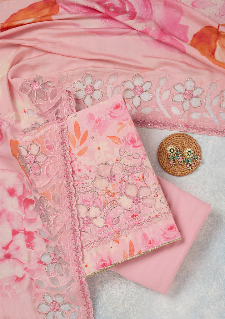 Pink Stonework (Gold) Crepe Unstitched Salwar Suit