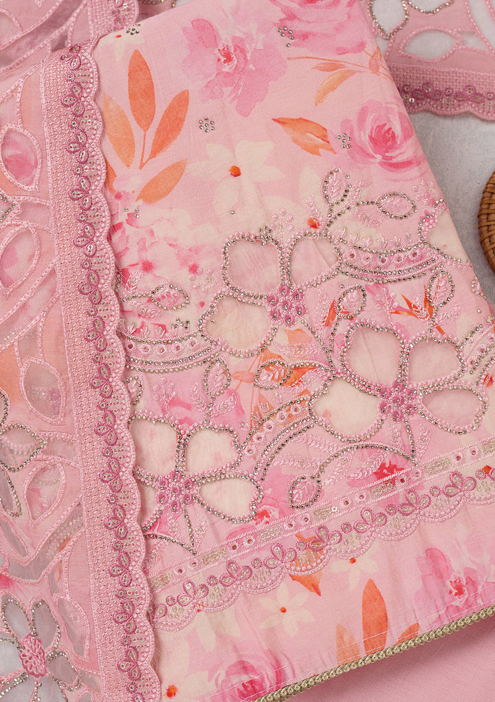 Pink Stonework (Gold) Crepe Unstitched Salwar Suit