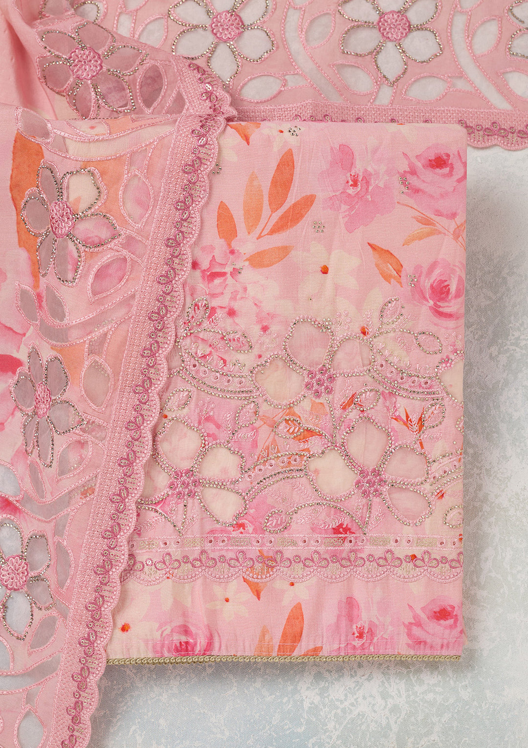 Pink Stonework (Gold) Crepe Unstitched Salwar Suit