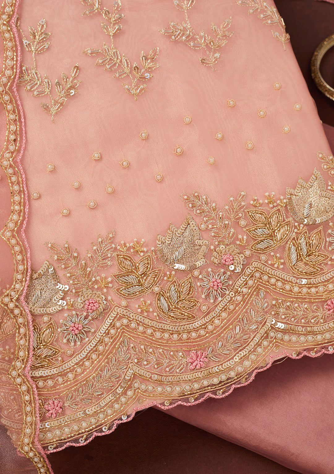 Pink Cutdana Organza Unstitched Salwar Suit