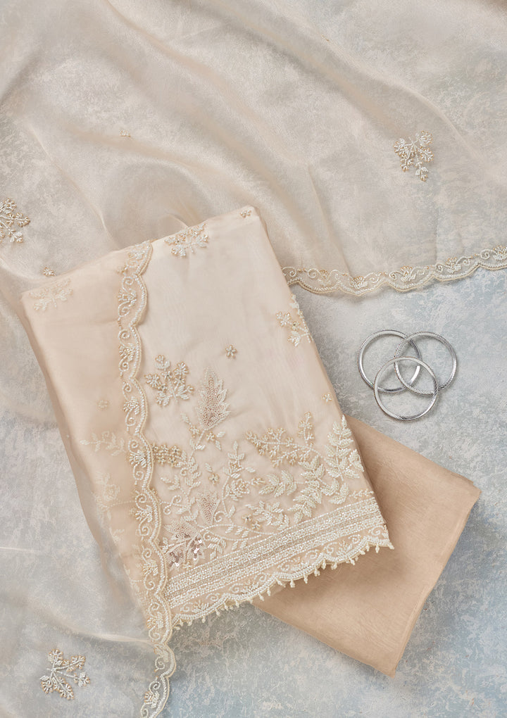 Off White Threadwork Organza Unstitched Salwar Suit