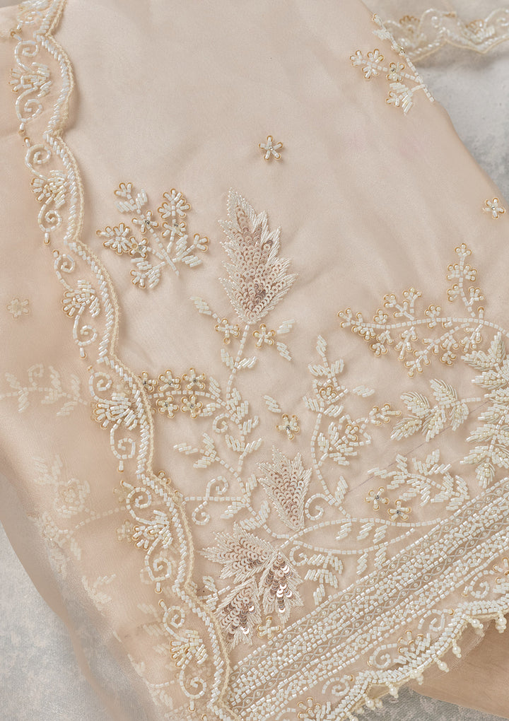 Off White Threadwork Organza Unstitched Salwar Suit