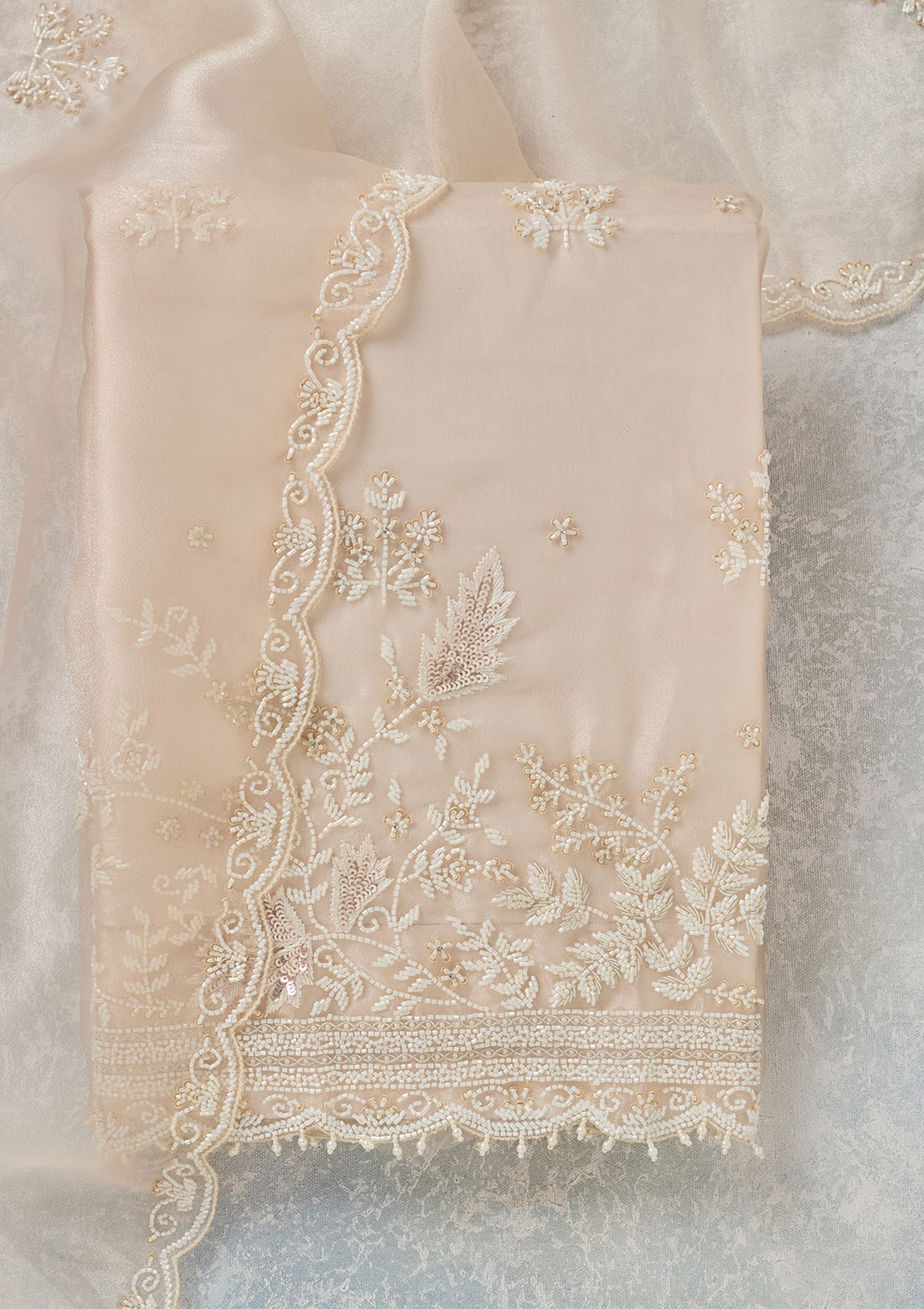 Off White Threadwork Organza Unstitched Salwar Suit