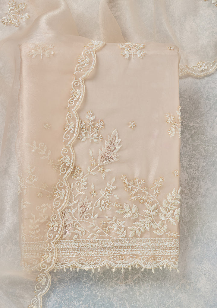 Off White Threadwork Organza Unstitched Salwar Suit