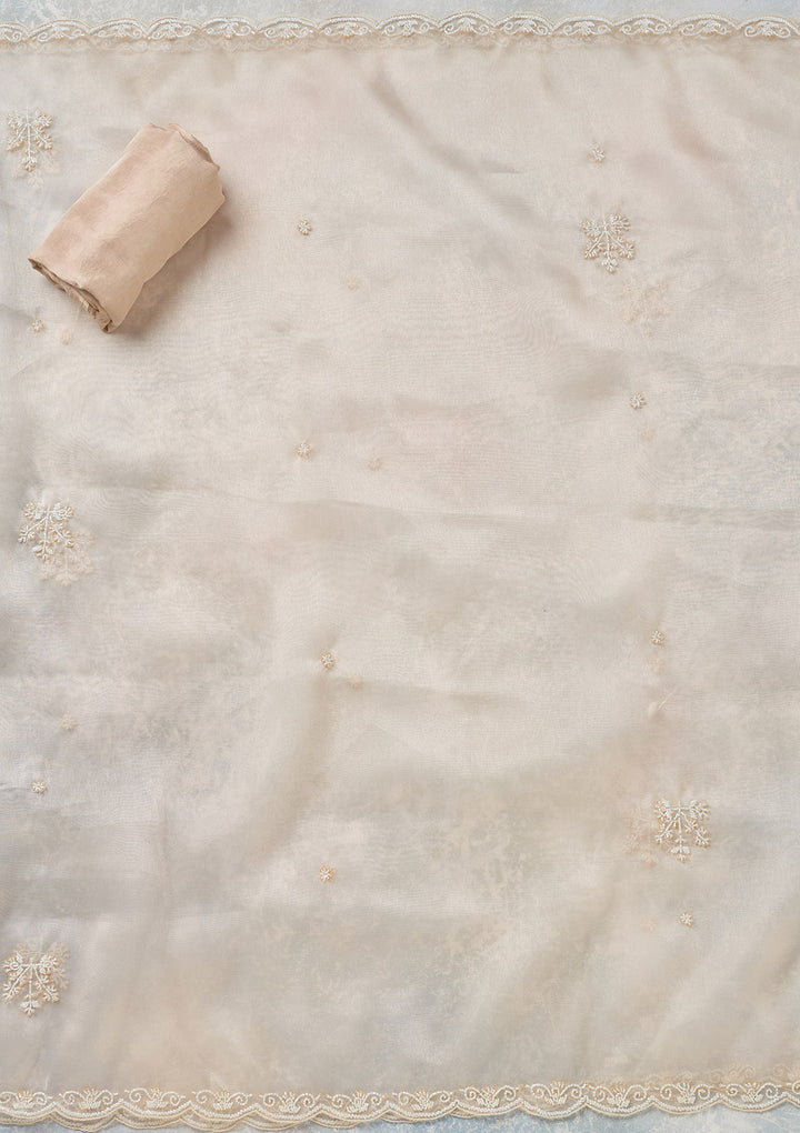 Off White Threadwork Organza Unstitched Salwar Suit