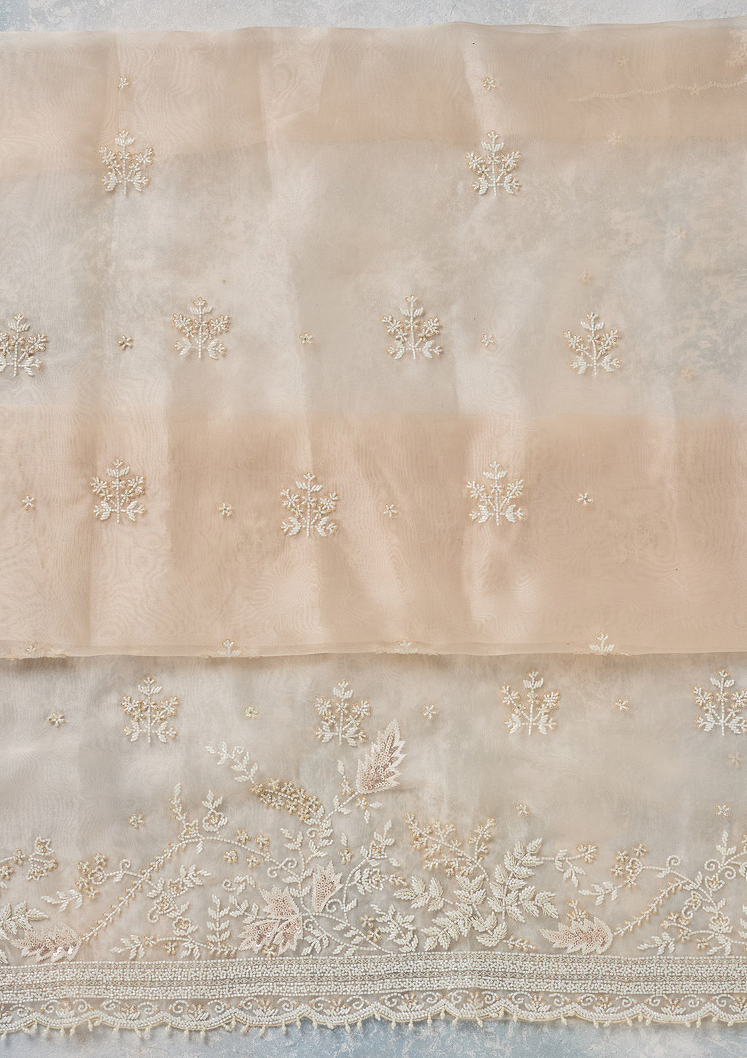 Off White Threadwork Organza Unstitched Salwar Suit