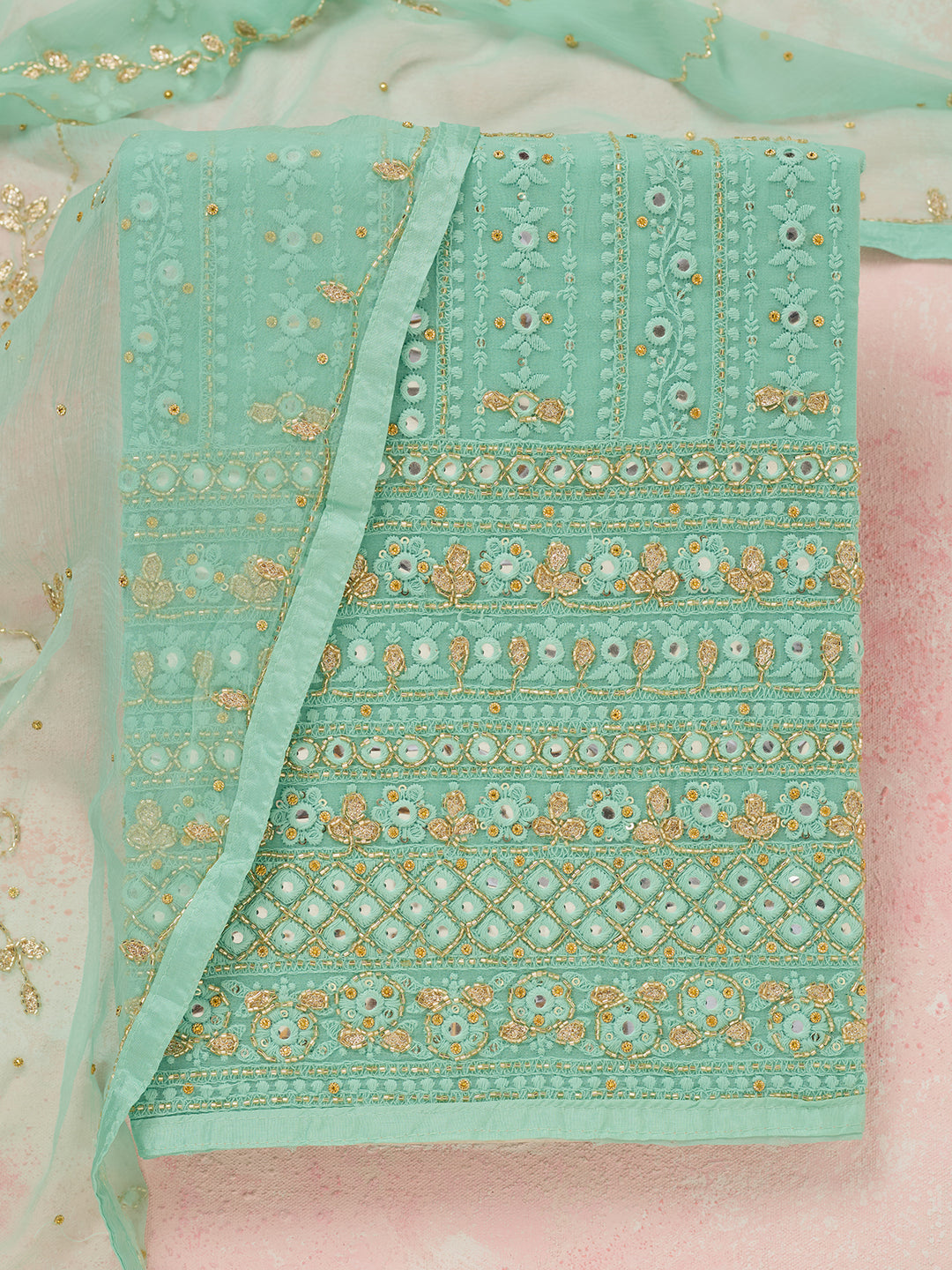 Sea Green Threadwork Georgette Unstitched Salwar Suit