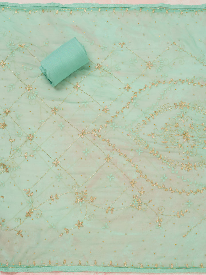 Sea Green Threadwork Georgette Unstitched Salwar Suit