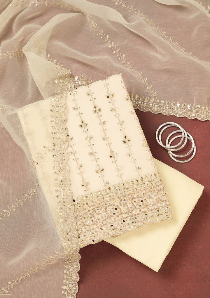 Cream Zariwork (Gold) Chinon Unstitched Salwar Suit