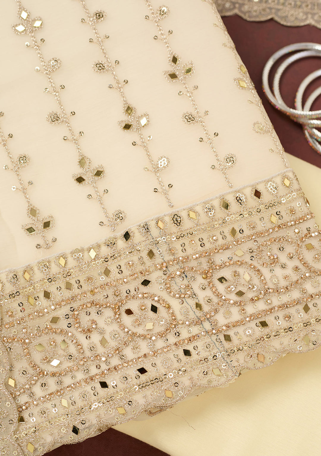 Cream Zariwork (Gold) Chinon Unstitched Salwar Suit