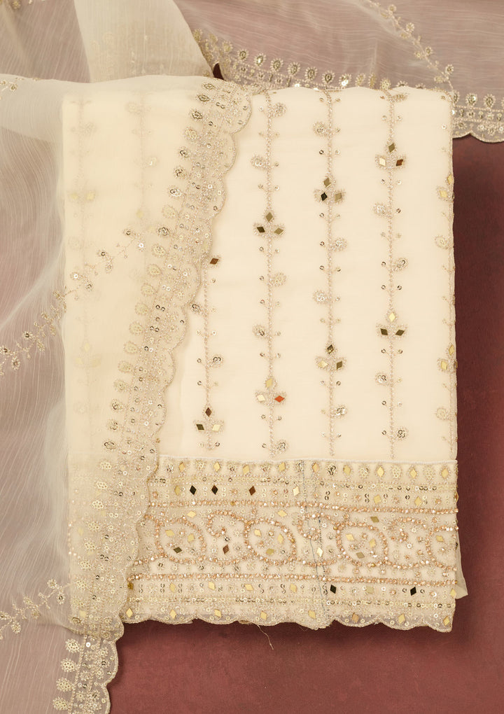 Cream Zariwork (Gold) Chinon Unstitched Salwar Suit