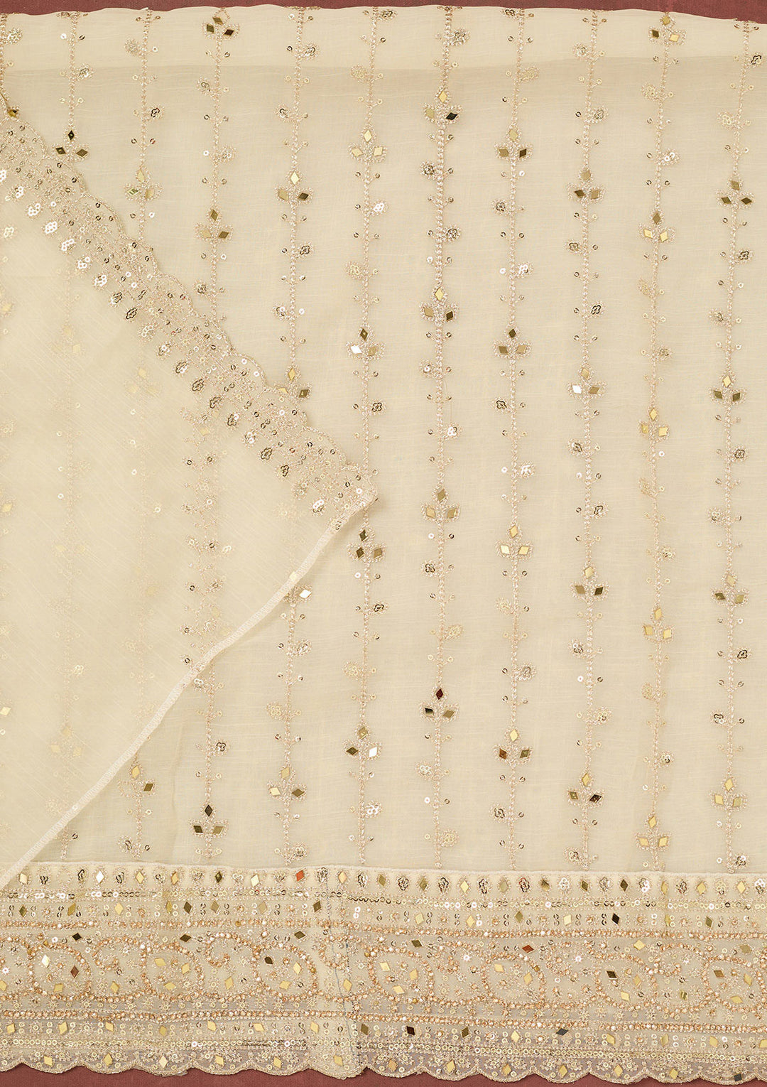 Cream Zariwork (Gold) Chinon Unstitched Salwar Suit