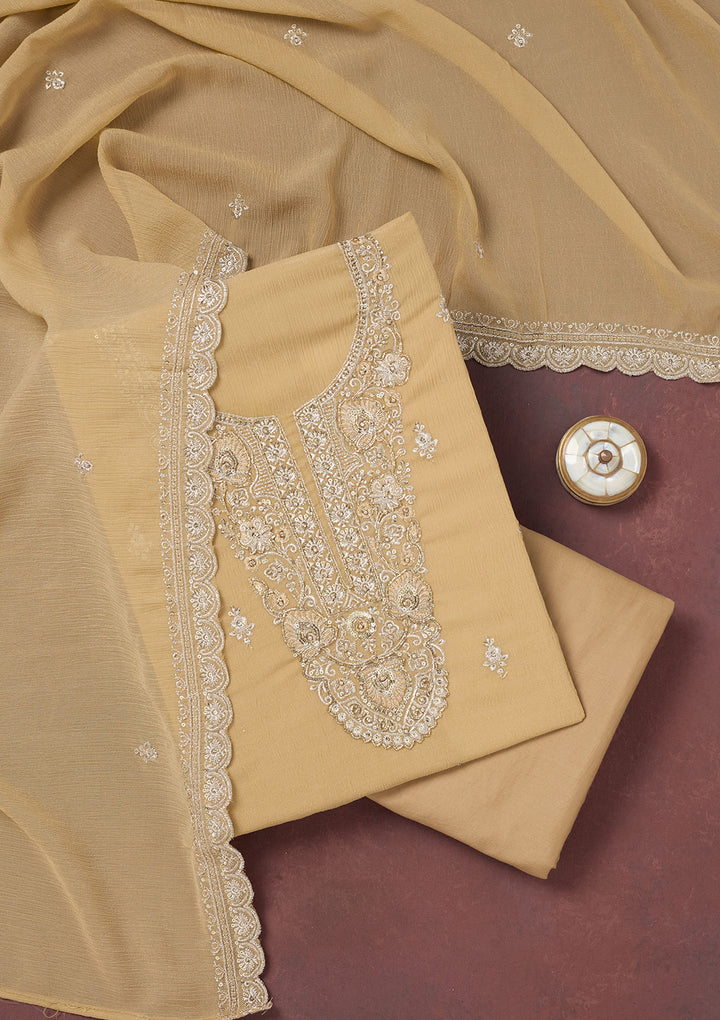 Beige Zariwork (Gold) Chinon Unstitched Salwar Suit