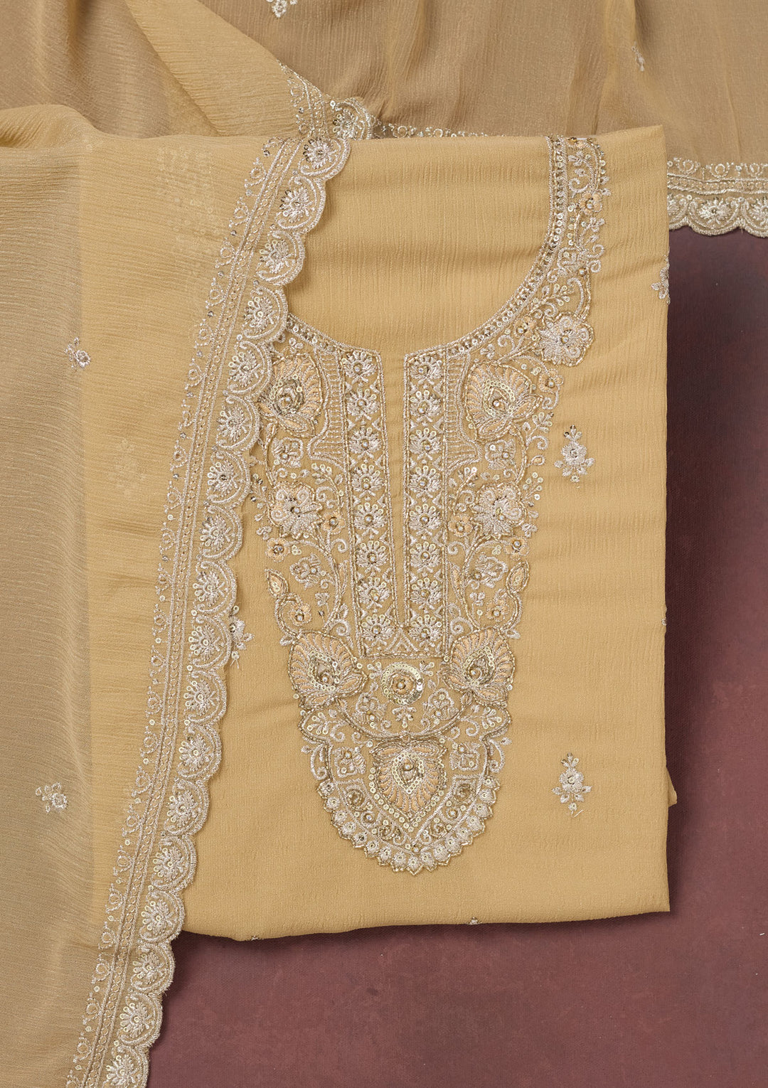 Beige Zariwork (Gold) Chinon Unstitched Salwar Suit