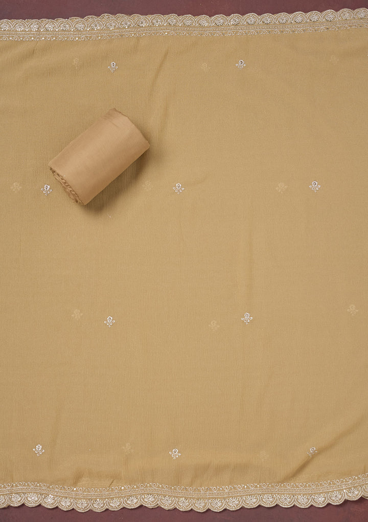 Beige Zariwork (Gold) Chinon Unstitched Salwar Suit