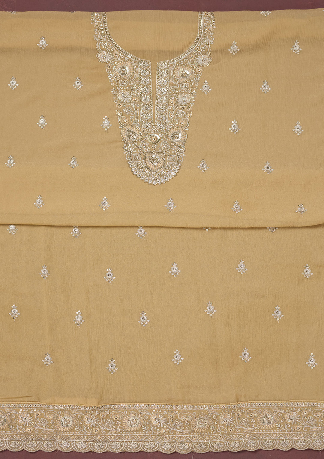 Beige Zariwork (Gold) Chinon Unstitched Salwar Suit