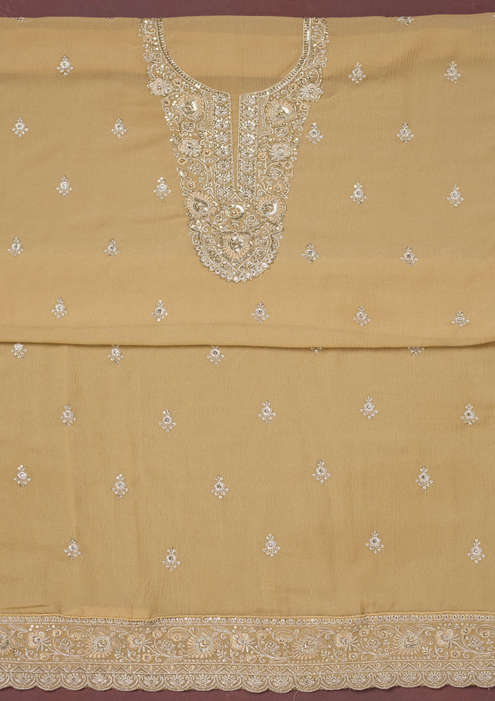 Beige Zariwork (Gold) Chinon Unstitched Salwar Suit