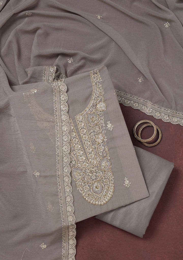 Grey Zariwork (Gold) Chinon Unstitched Salwar Suit