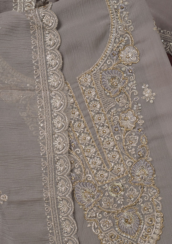 Grey Zariwork (Gold) Chinon Unstitched Salwar Suit