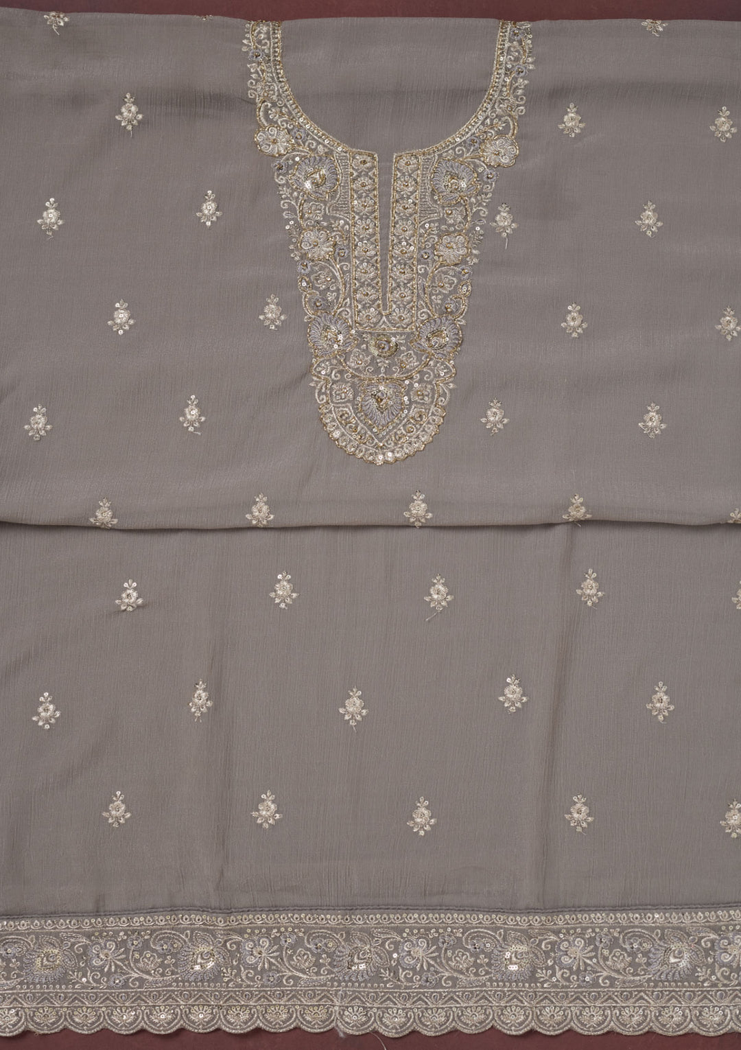 Grey Zariwork (Gold) Chinon Unstitched Salwar Suit