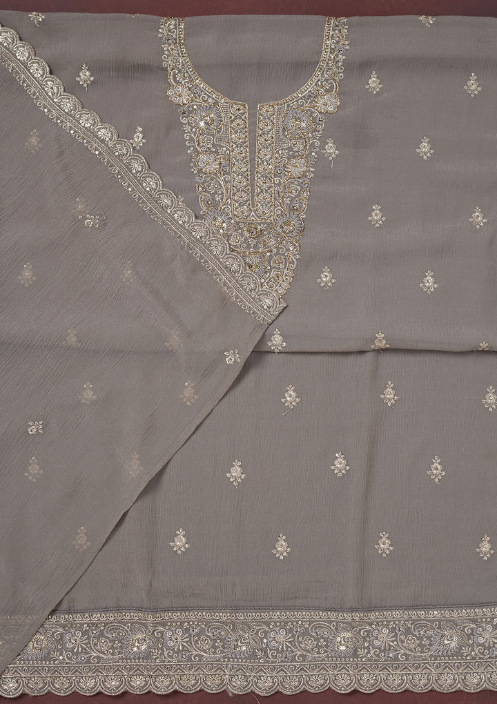 Grey Zariwork (Gold) Chinon Unstitched Salwar Suit