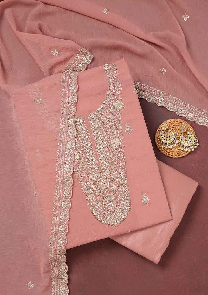 Onion Pink Zariwork (Gold) Chinon Unstitched Salwar Suit