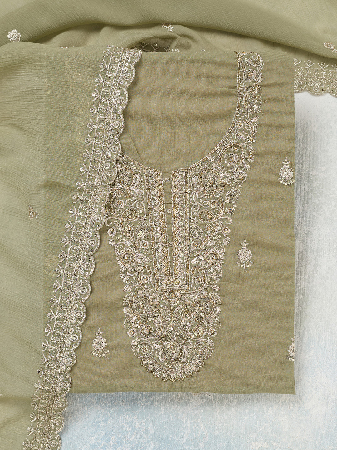 Pista Green Zariwork (Gold) Chinon Unstitched Salwar Suit