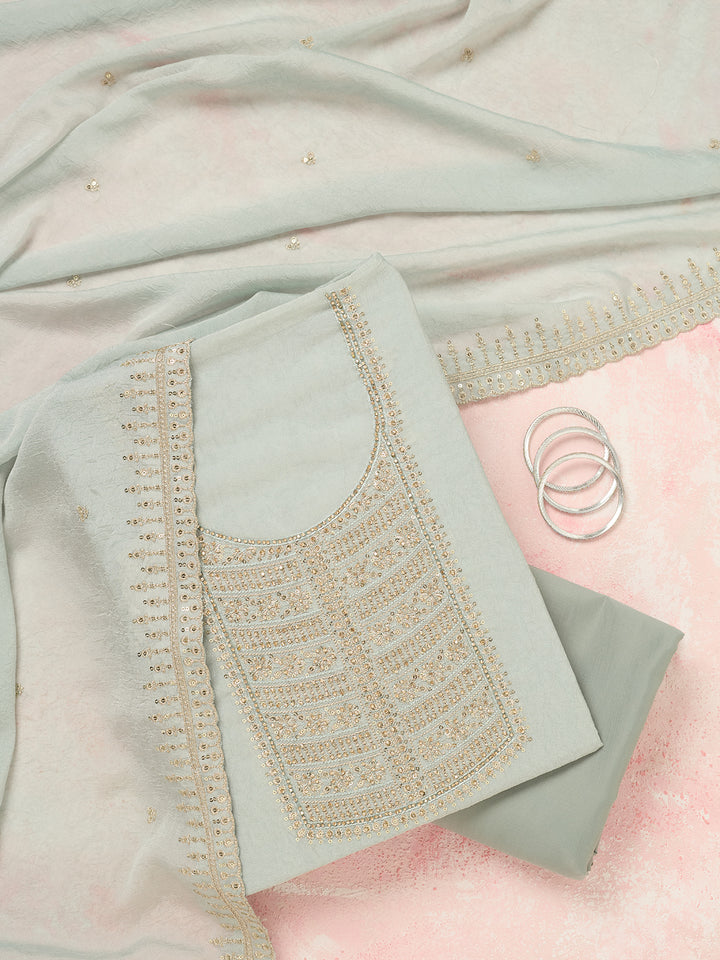 Light Grey Zariwork (Gold) Chinon Unstitched Salwar Suit