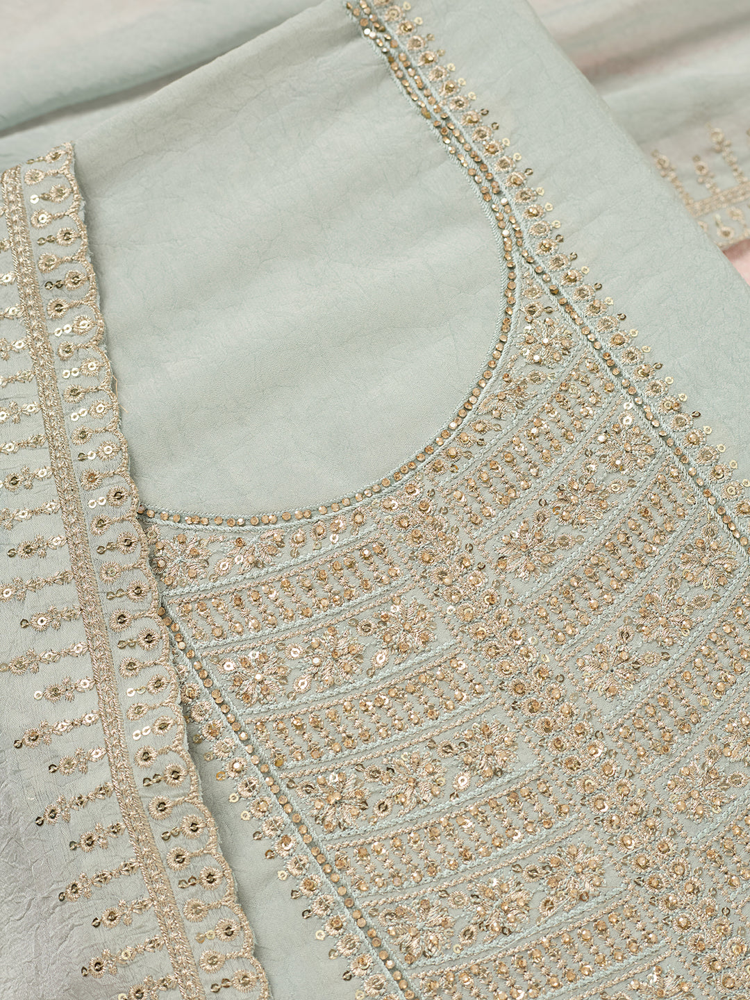 Light Grey Zariwork (Gold) Chinon Unstitched Salwar Suit