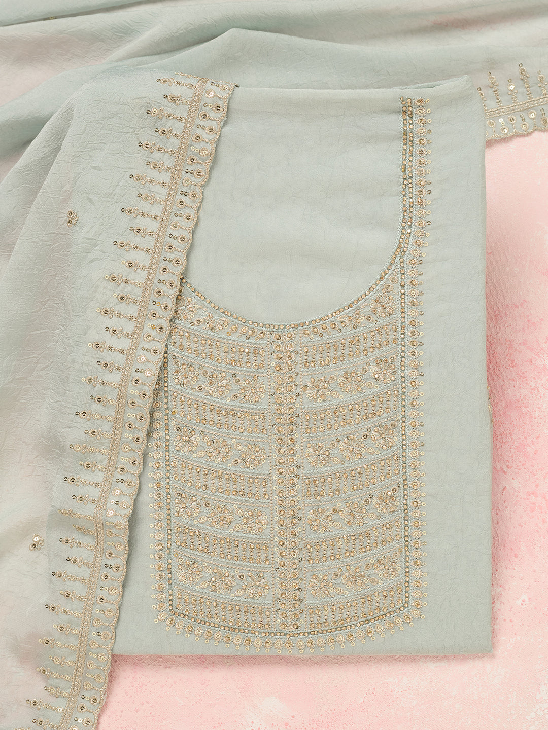 Light Grey Zariwork (Gold) Chinon Unstitched Salwar Suit