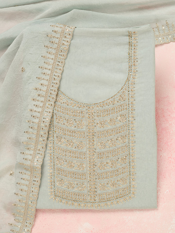 Light Grey Zariwork (Gold) Chinon Unstitched Salwar Suit
