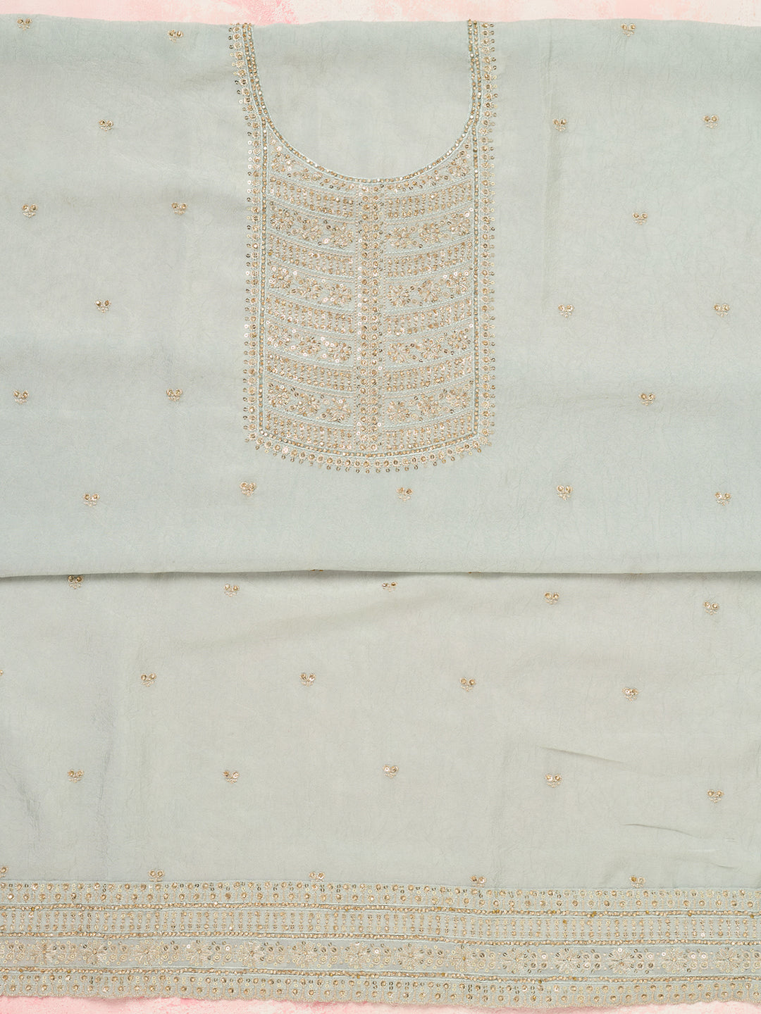 Light Grey Zariwork (Gold) Chinon Unstitched Salwar Suit