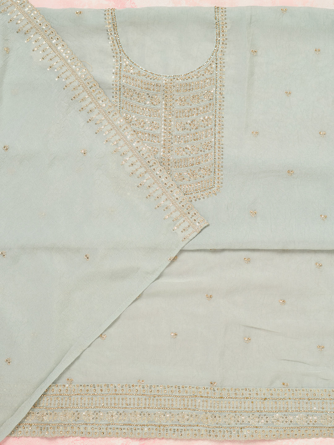 Light Grey Zariwork (Gold) Chinon Unstitched Salwar Suit