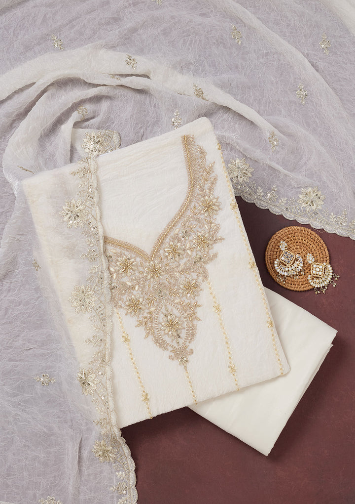 Off White Zariwork (Gold) Chinon Unstitched Salwar Suit