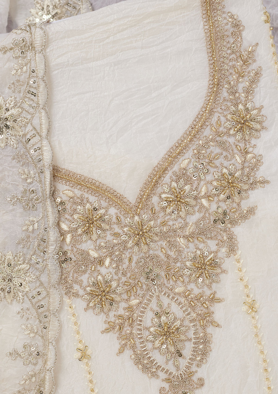 Off White Zariwork (Gold) Chinon Unstitched Salwar Suit