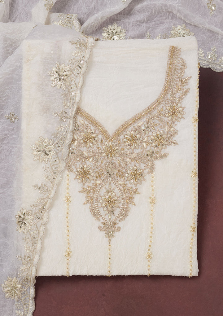 Off White Zariwork (Gold) Chinon Unstitched Salwar Suit