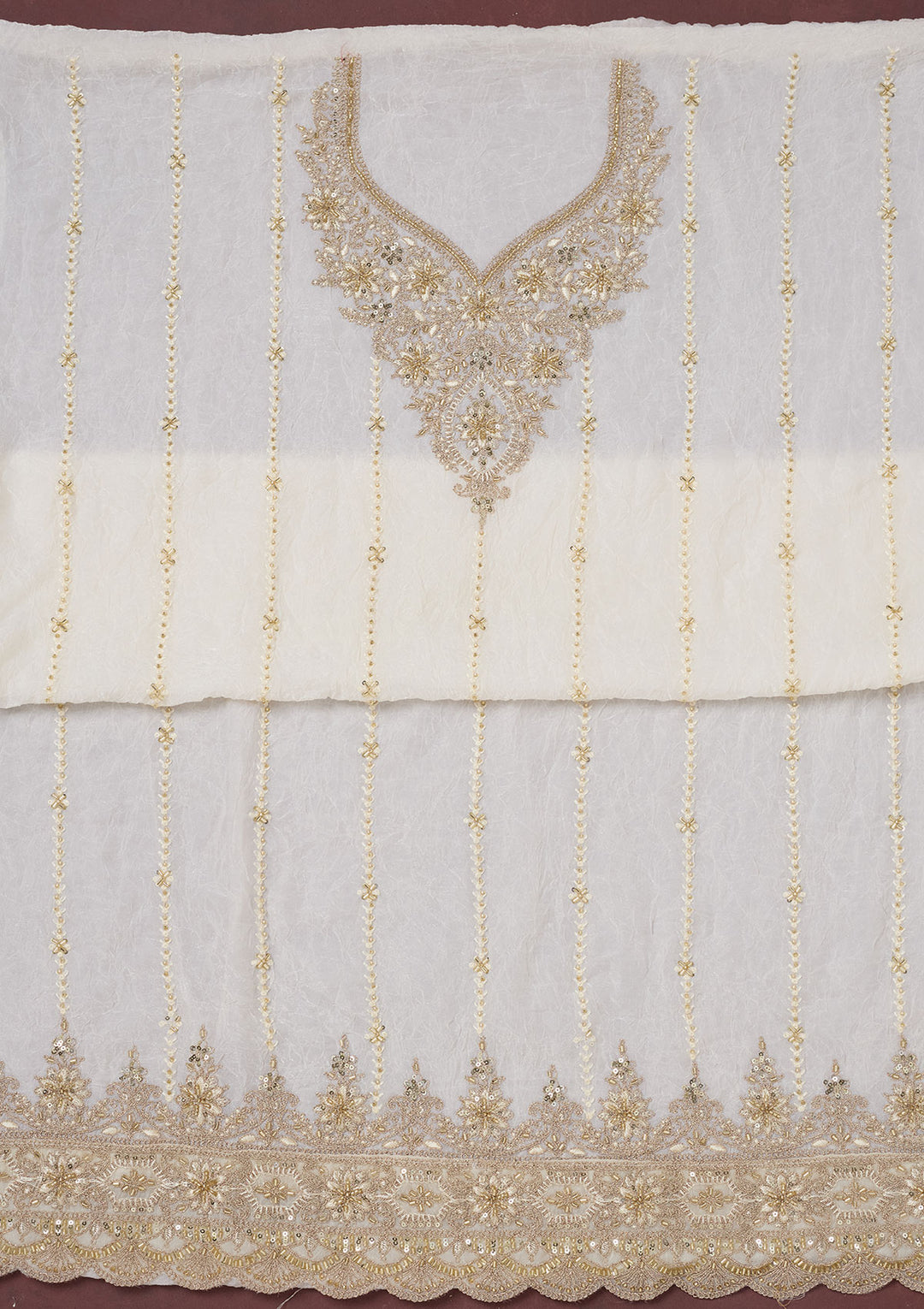 Off White Zariwork (Gold) Chinon Unstitched Salwar Suit