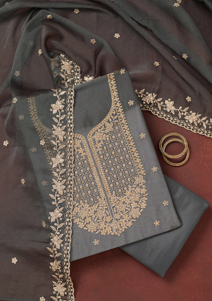 Dark Grey Zariwork (Gold) Chinon Unstitched Salwar Suit