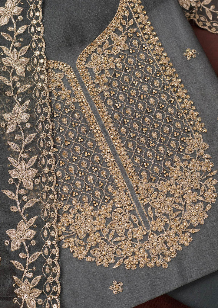 Dark Grey Zariwork (Gold) Chinon Unstitched Salwar Suit