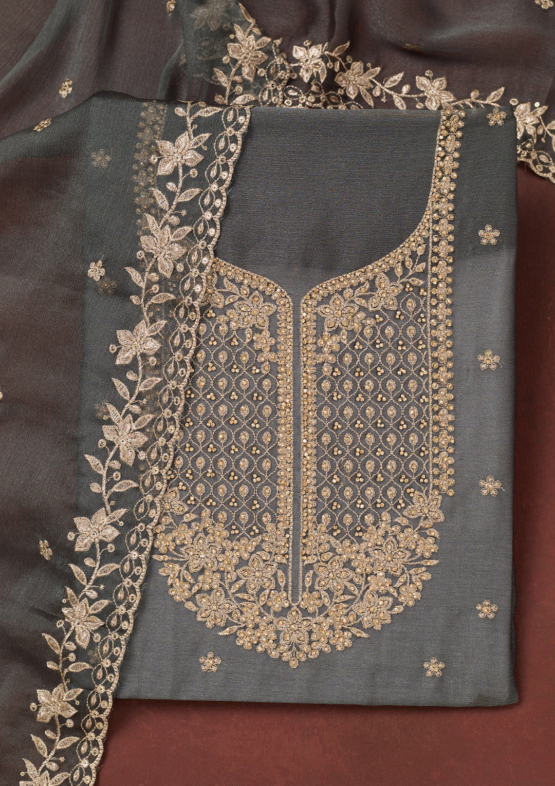 Dark Grey Zariwork (Gold) Chinon Unstitched Salwar Suit