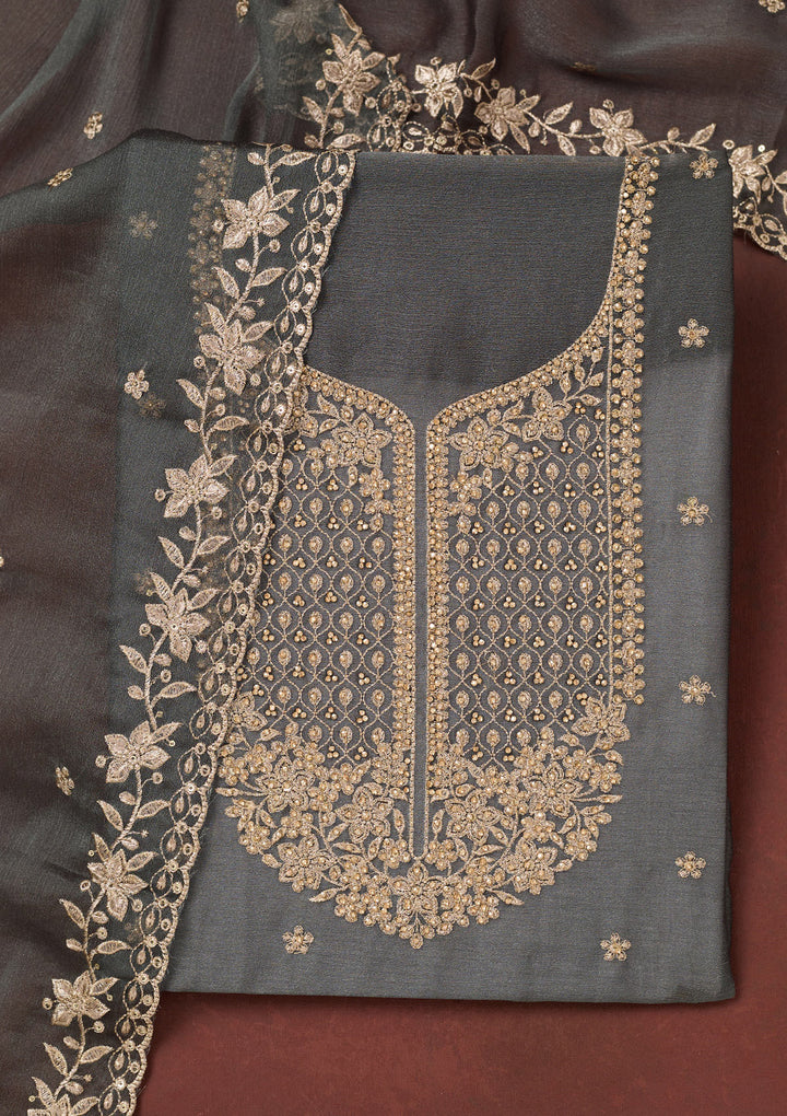 Dark Grey Zariwork (Gold) Chinon Unstitched Salwar Suit