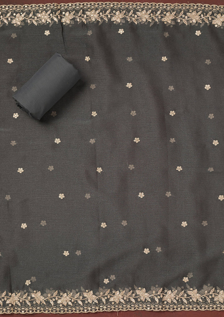 Dark Grey Zariwork (Gold) Chinon Unstitched Salwar Suit