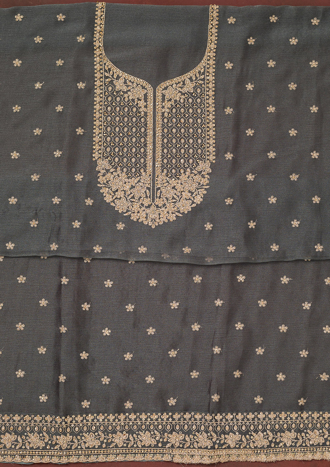 Dark Grey Zariwork (Gold) Chinon Unstitched Salwar Suit