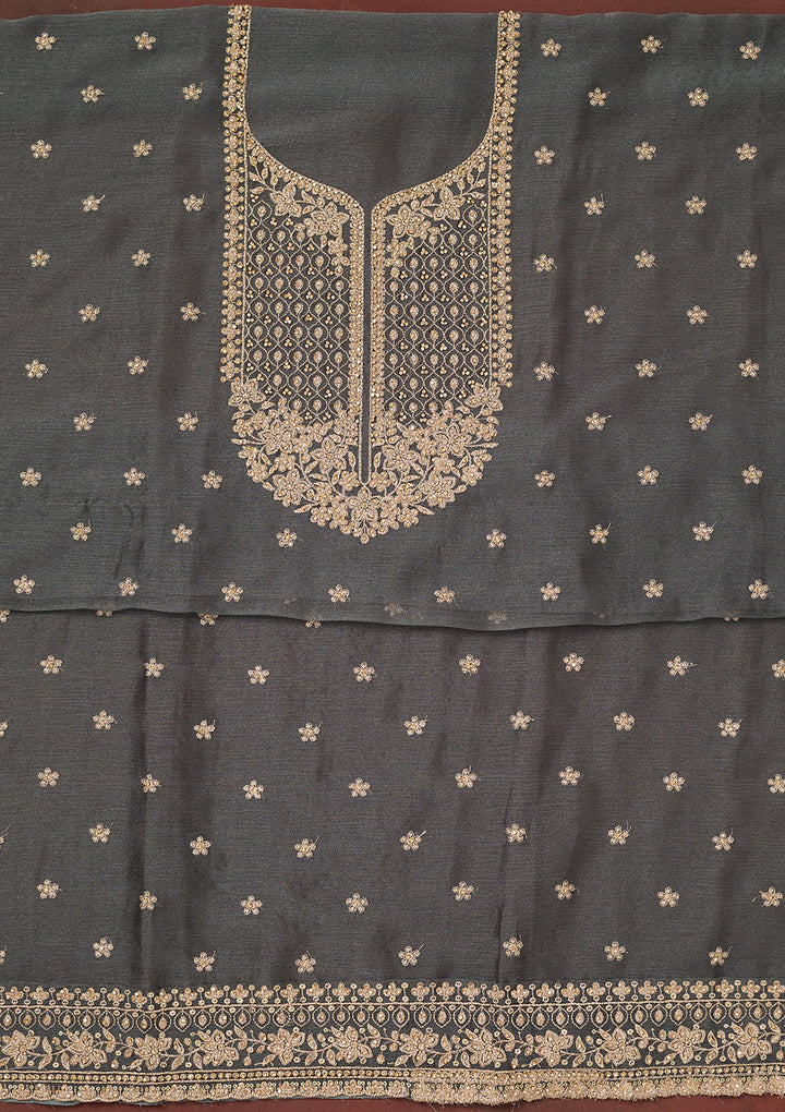 Dark Grey Zariwork (Gold) Chinon Unstitched Salwar Suit