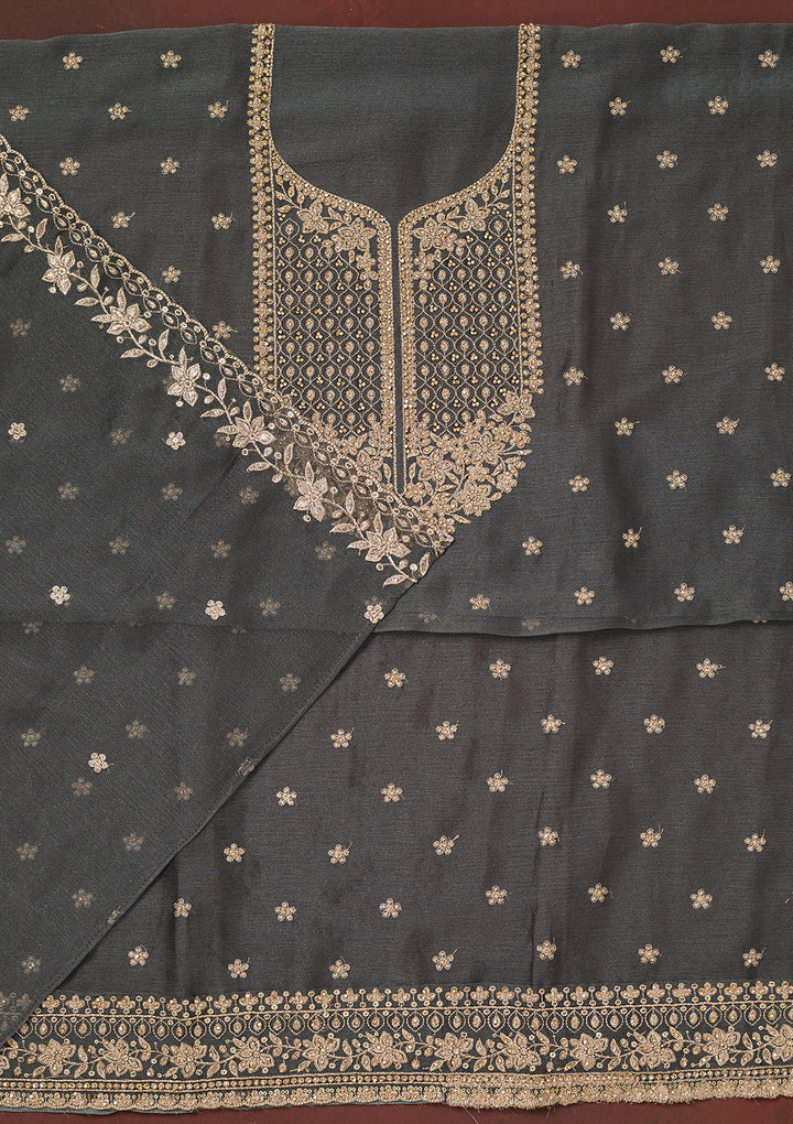 Dark Grey Zariwork (Gold) Chinon Unstitched Salwar Suit