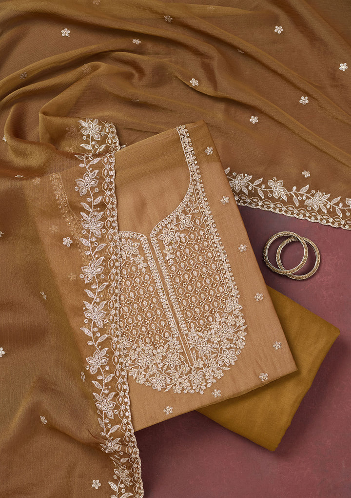 Light Brown Zariwork (Gold) Chinon Unstitched Salwar Suit