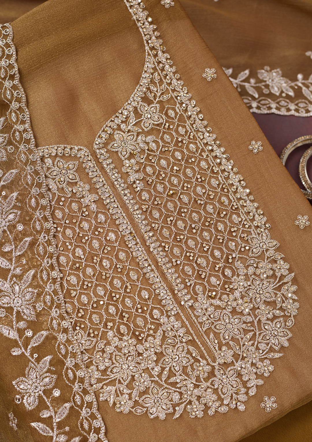 Light Brown Zariwork (Gold) Chinon Unstitched Salwar Suit
