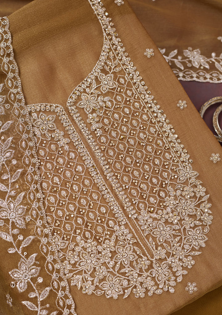 Light Brown Zariwork (Gold) Chinon Unstitched Salwar Suit