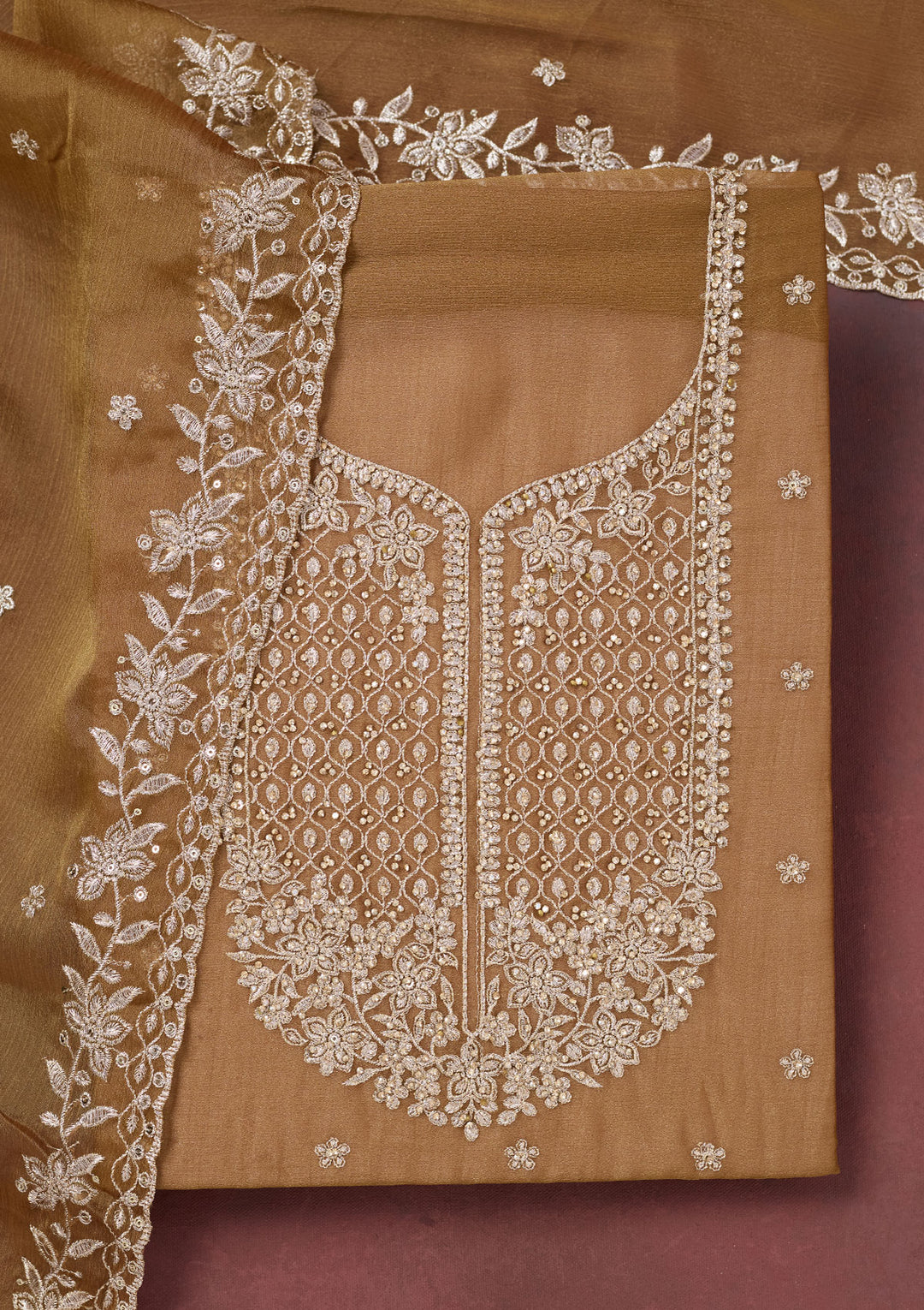 Light Brown Zariwork (Gold) Chinon Unstitched Salwar Suit